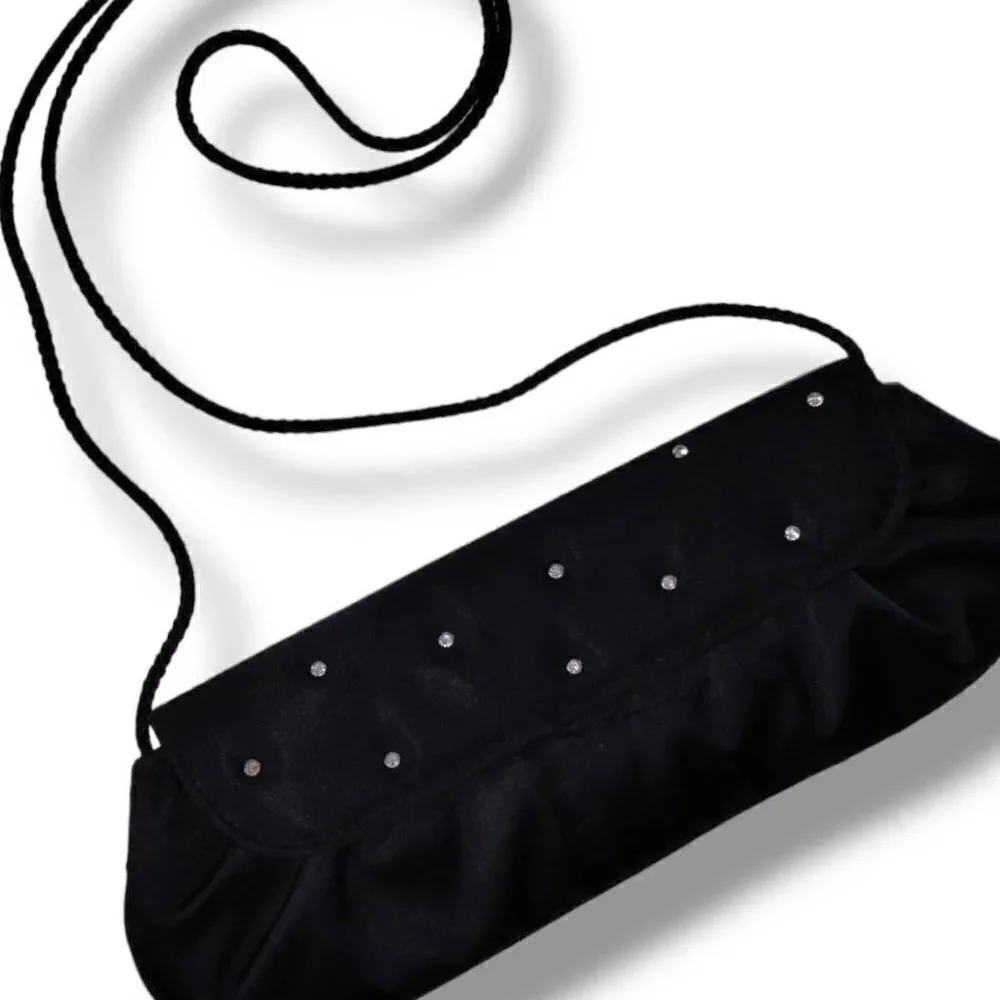 Preston & York Evening Bag‎ Black Satin Rhinestones Rectangle Shoulder Strap